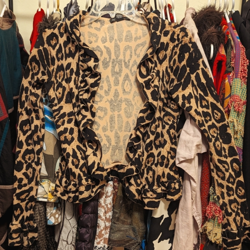 Inc. Leopard ruffle cardigan sz S